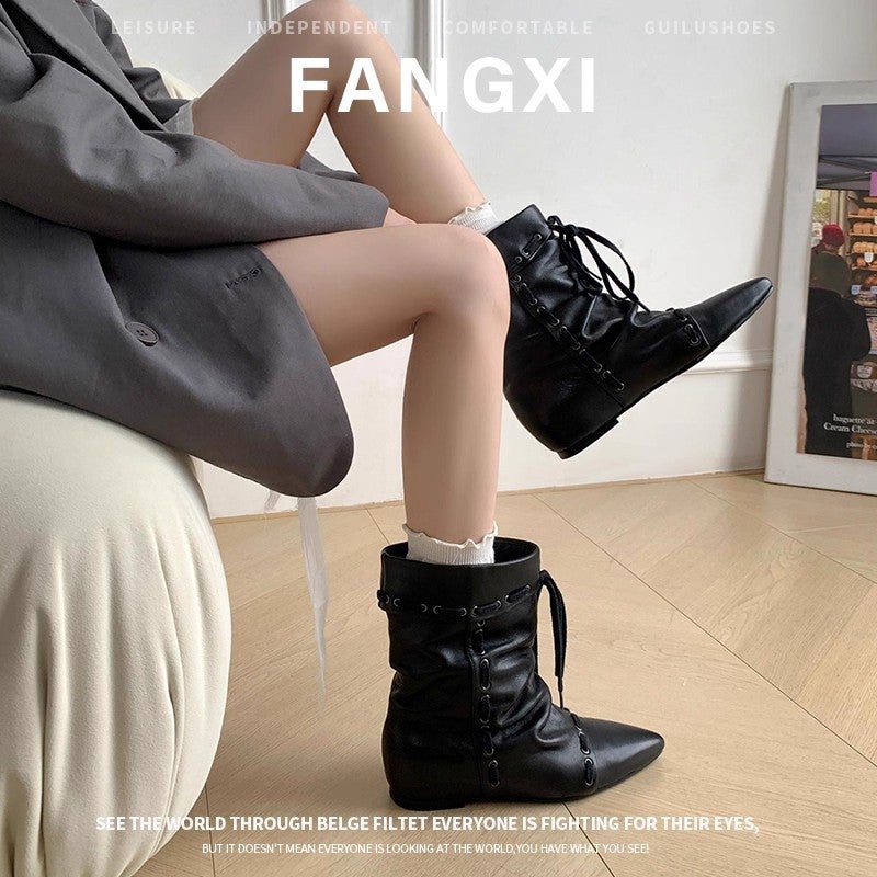Two Styles ~ Niche Retro Lace-Up Boots, Pointed Toe Inner Heightening Short Boots, Women'S Pile Boots, Western Cowboy Boots - Image 2