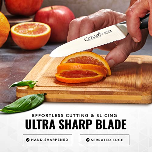 Cutluxe Kitchen Utility Knife – 5" Serrated Ultra Sharp Blade, Ergonomic Handle, Full Tang – Forged High Carbon German Steel – Artisan Series - Image 3