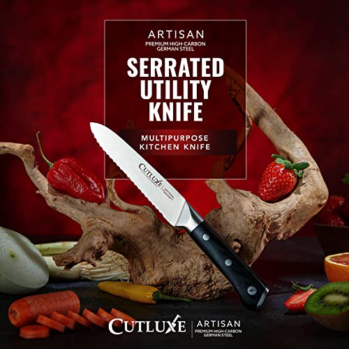 Cutluxe Kitchen Utility Knife – 5" Serrated Ultra Sharp Blade, Ergonomic Handle, Full Tang – Forged High Carbon German Steel – Artisan Series - Image 4