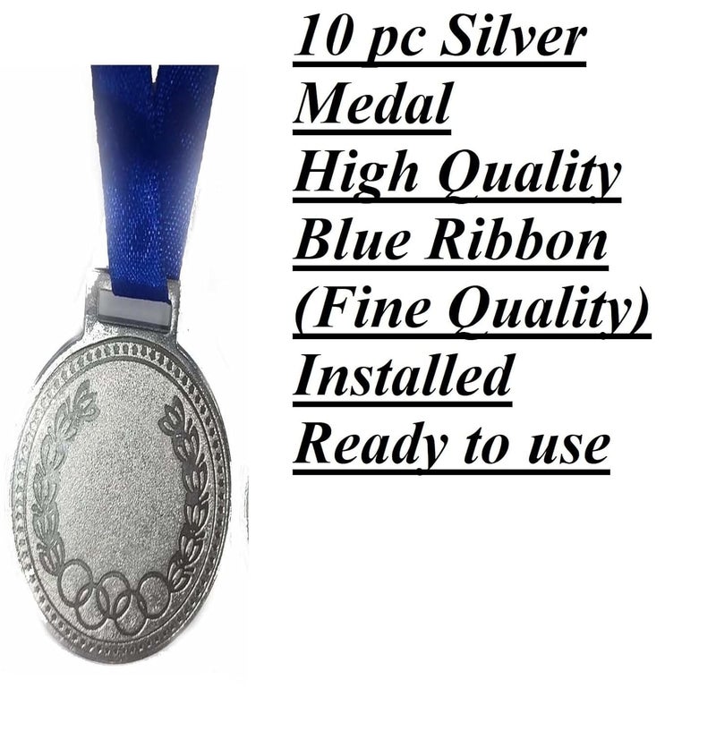 Grès Sports Silver Medal with Blue Ribbon (Silver) (Set of 10) Size 2" inch. for School Winners, Sports, Athletic Games(Unisex- for All Age Winners) - Image 4