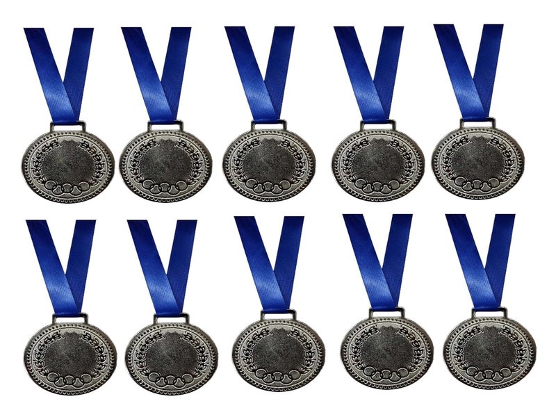 Grès Sports Silver Medal with Blue Ribbon (Silver) (Set of 10) Size 2" inch. for School Winners, Sports, Athletic Games(Unisex- for All Age Winners) - Image 1