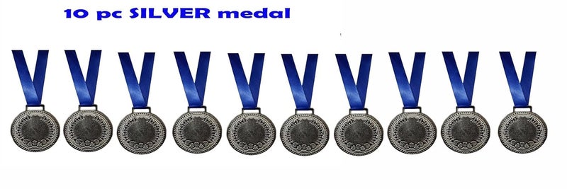 Grès Sports Silver Medal with Blue Ribbon (Silver) (Set of 10) Size 2" inch. for School Winners, Sports, Athletic Games(Unisex- for All Age Winners) - Image 2