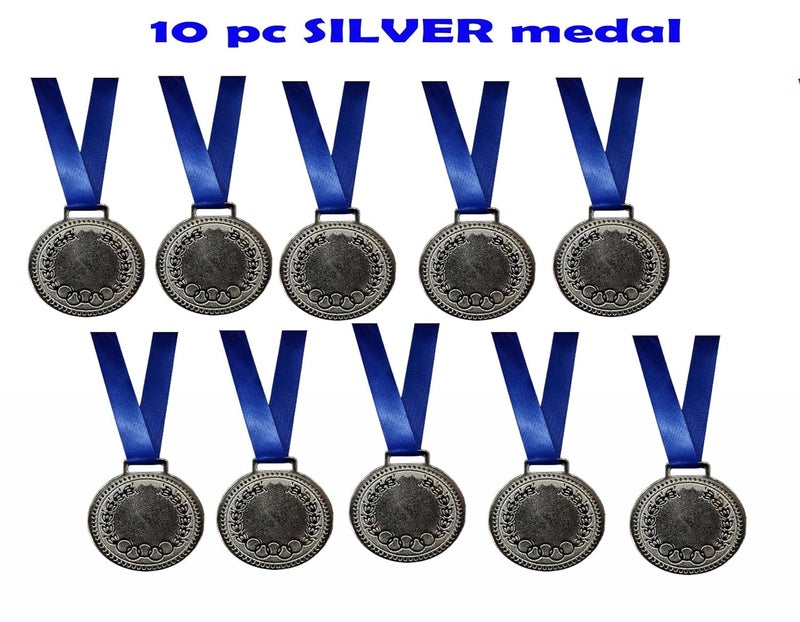 Grès Sports Silver Medal with Blue Ribbon (Silver) (Set of 10) Size 2" inch. for School Winners, Sports, Athletic Games(Unisex- for All Age Winners) - Image 3