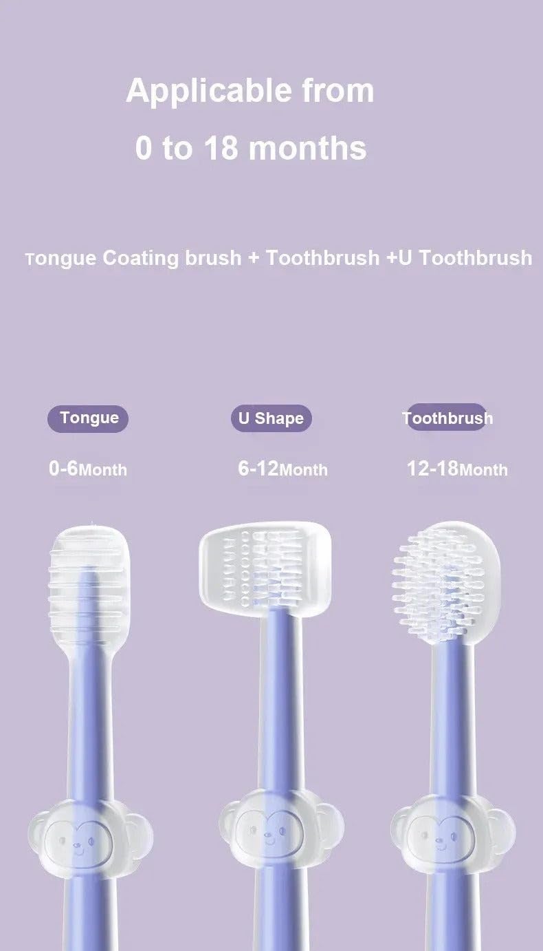 Moppets 3 Steps Silicone Baby Training Toothbrush Set - Tongue Cleaner & U Shaped Toothbrush for Kids Oral Care With Travel Case (Purple), Manual, Pack of 3 - Image 5