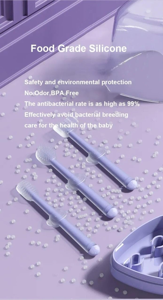 Moppets 3 Steps Silicone Baby Training Toothbrush Set - Tongue Cleaner & U Shaped Toothbrush for Kids Oral Care With Travel Case (Purple), Manual, Pack of 3 - Image 4
