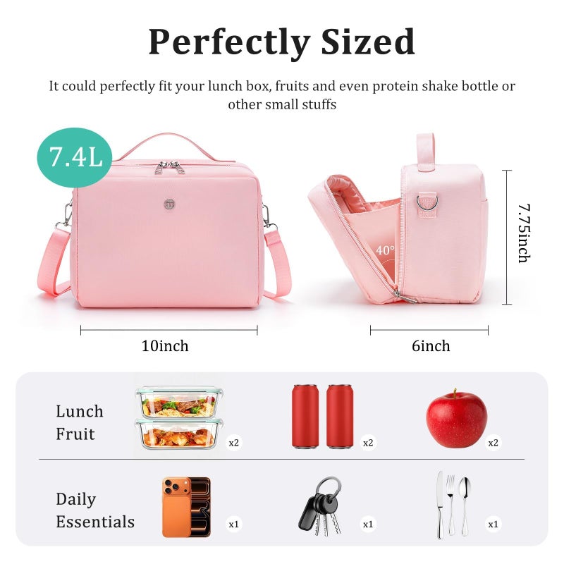 MEXS Lunch Bag for Women Men Insulated Lunch Box with Adjustable Strap Adult Lightweight Lunch Tote for Work Picnic Travel (Pink) - Image 3