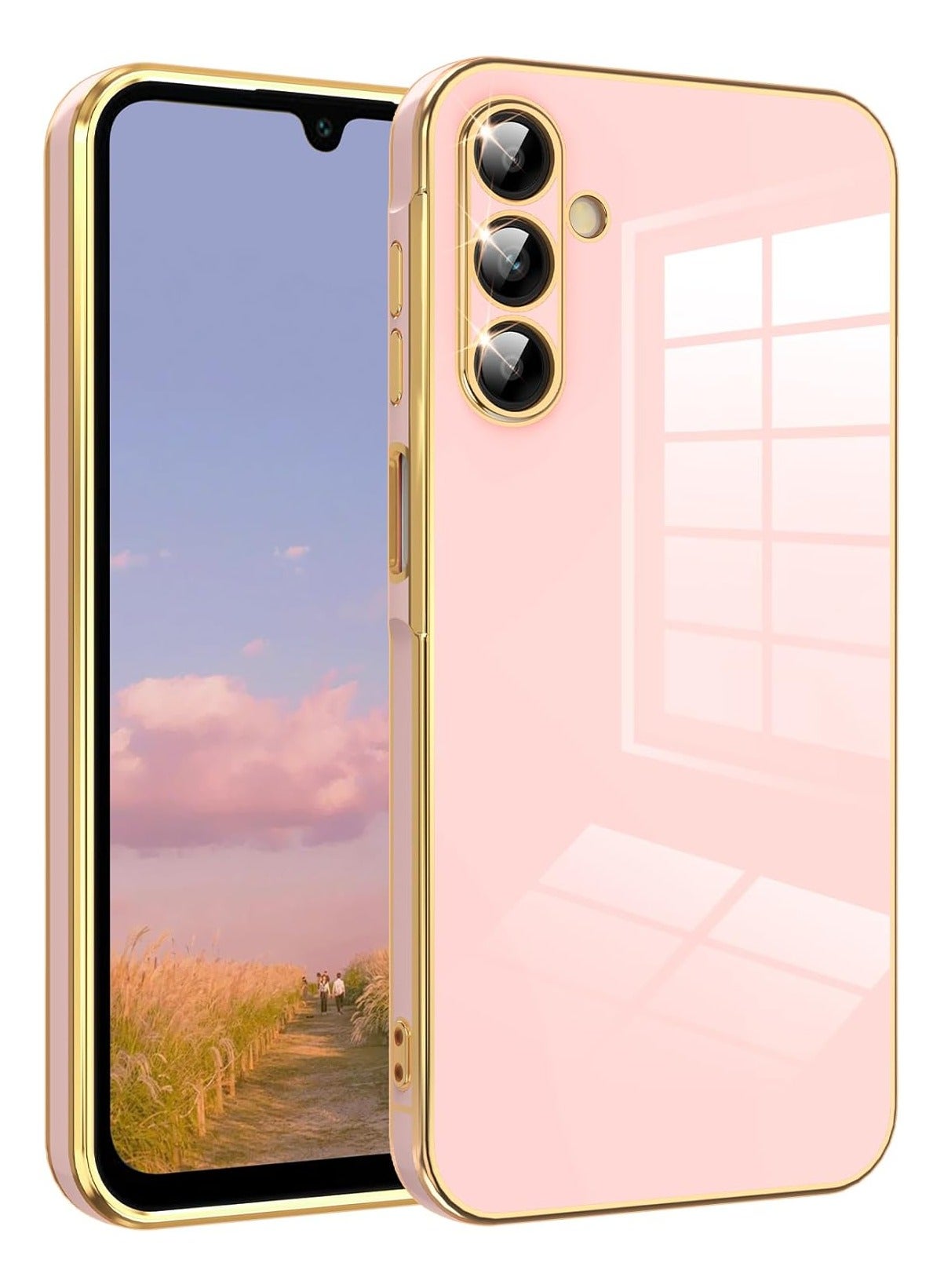 QIRG Compatible with Samsung Galaxy A17 cover, smooth veneer gold plated chrome, Pink Thin and smooth shock-proof full protection Samsung Galaxy A17 case（Pink）