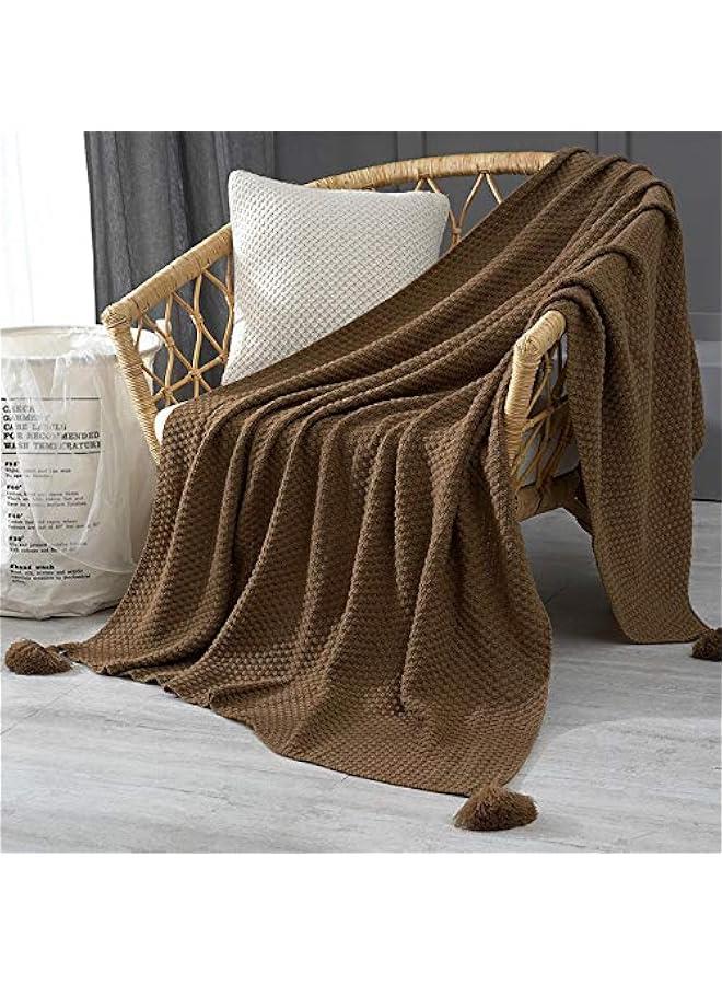 HOOKOR Knitted Throw Blankets, Cozy Lightweight Decorative Throw, Warm Woven Blanket with Tassels for Couch Sofa, Bed and Living Room, All Seasons Suitable for Women, Men and Kids (Brown, 130X170cm) - Image 1