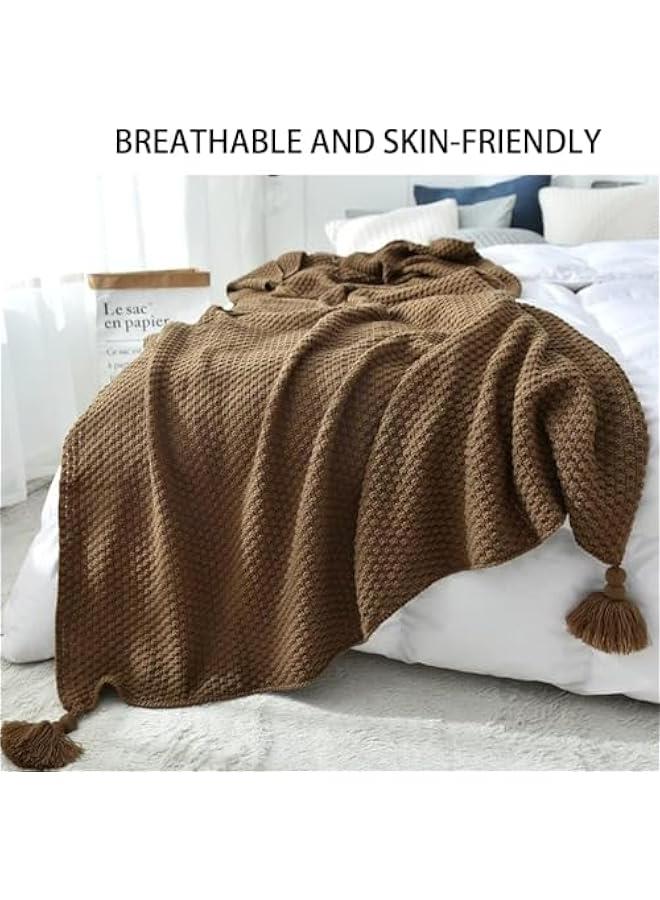 HOOKOR Knitted Throw Blankets, Cozy Lightweight Decorative Throw, Warm Woven Blanket with Tassels for Couch Sofa, Bed and Living Room, All Seasons Suitable for Women, Men and Kids (Brown, 130X170cm) - Image 2