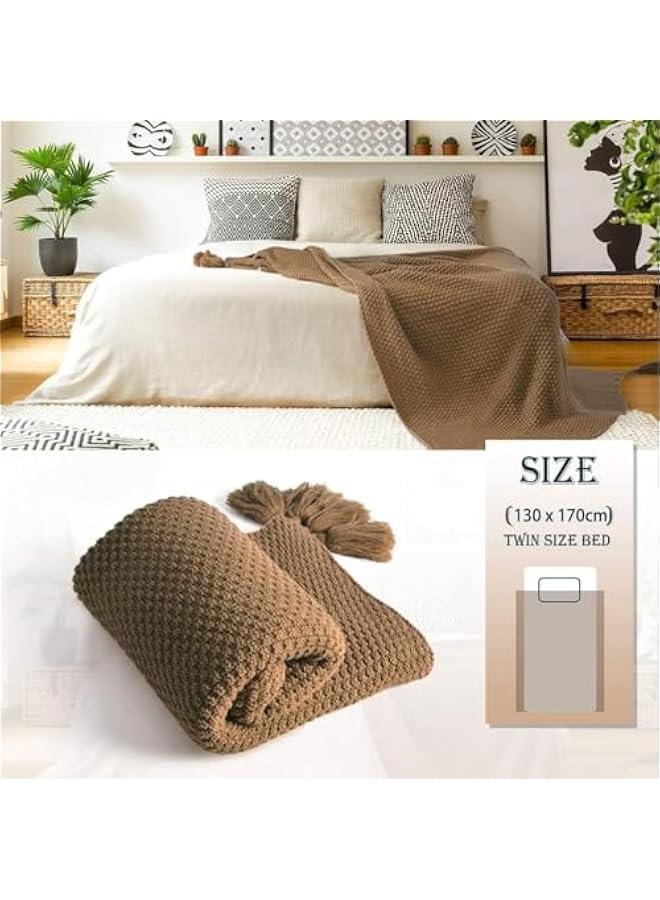 HOOKOR Knitted Throw Blankets, Cozy Lightweight Decorative Throw, Warm Woven Blanket with Tassels for Couch Sofa, Bed and Living Room, All Seasons Suitable for Women, Men and Kids (Brown, 130X170cm) - Image 5