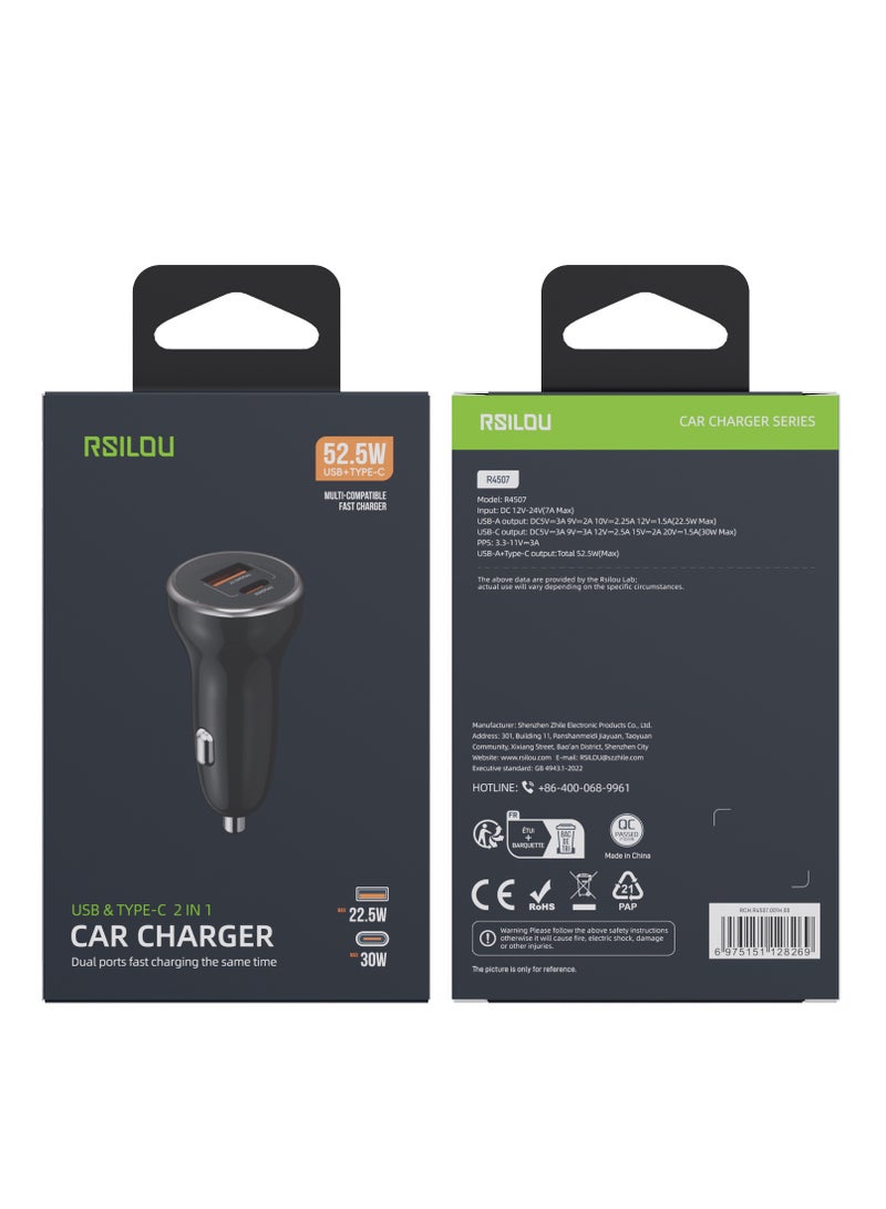 rsilou R4507-001 Car Adapter Super Fast charger, PD, dual ports, USB-A and USB-C, 52.5W MAX Output, Quad protection, over current, short circuit, over temperature, and over voltage  - Image 2