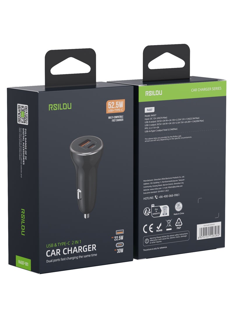 rsilou R4507-001 Car Adapter Super Fast charger, PD, dual ports, USB-A and USB-C, 52.5W MAX Output, Quad protection, over current, short circuit, over temperature, and over voltage  - Image 3