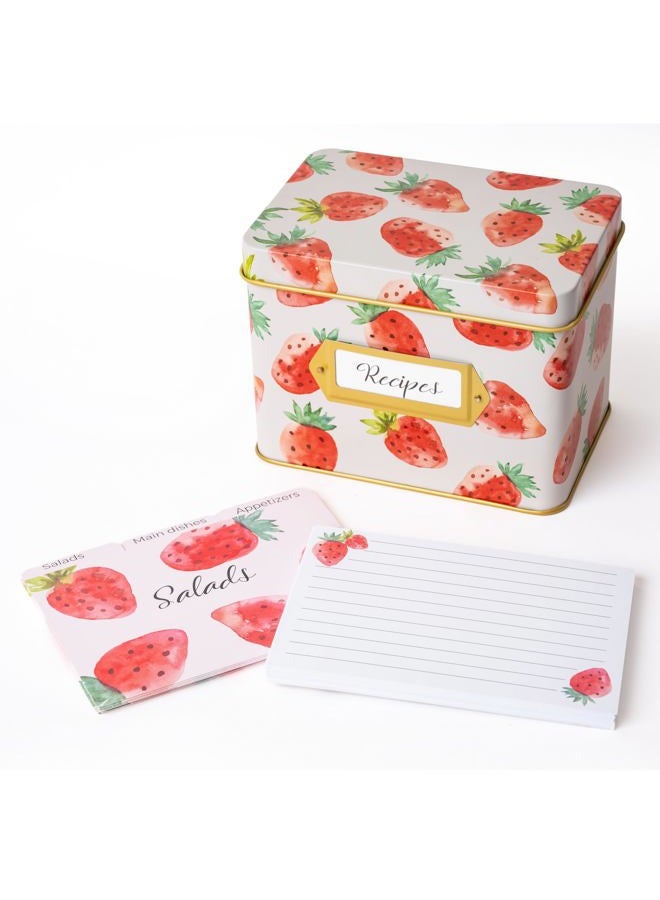 HEART & BERRY Heart&Berry Strawberry Recipe Box With 24 Cards And 12 Dividers - Compatible With Standard 4 X 6 Inches Index Cards Recipe Tin - Image 2