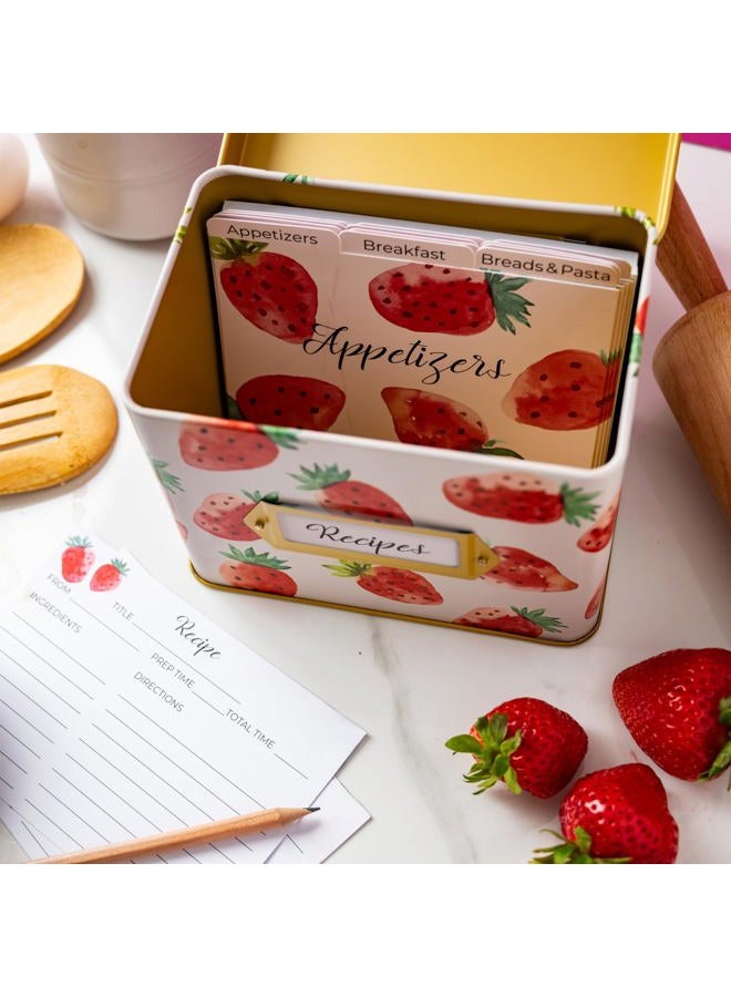 HEART & BERRY Heart&Berry Strawberry Recipe Box With 24 Cards And 12 Dividers - Compatible With Standard 4 X 6 Inches Index Cards Recipe Tin - Image 4