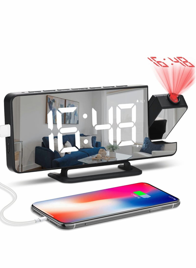 Y&D Projection Alarm Clock for Bedrooms, 7.3" LED Mirror Screen with 0-100% Dimmer, Dual Digital USB Charger Ports, 12/24H, Snooze, Projector Bedroom Decor Heavy Sleeper  - Image 1