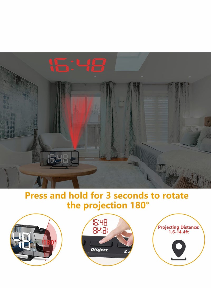 Y&D Projection Alarm Clock for Bedrooms, 7.3" LED Mirror Screen with 0-100% Dimmer, Dual Digital USB Charger Ports, 12/24H, Snooze, Projector Bedroom Decor Heavy Sleeper  - Image 2