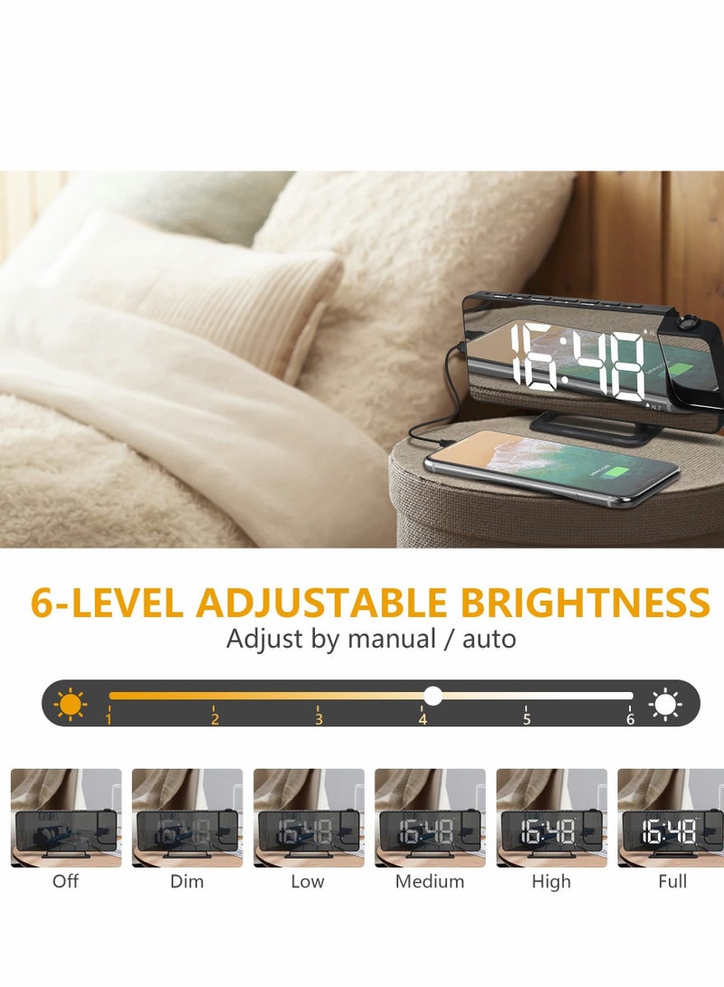 Y&D Projection Alarm Clock for Bedrooms, 7.3" LED Mirror Screen with 0-100% Dimmer, Dual Digital USB Charger Ports, 12/24H, Snooze, Projector Bedroom Decor Heavy Sleeper  - Image 3