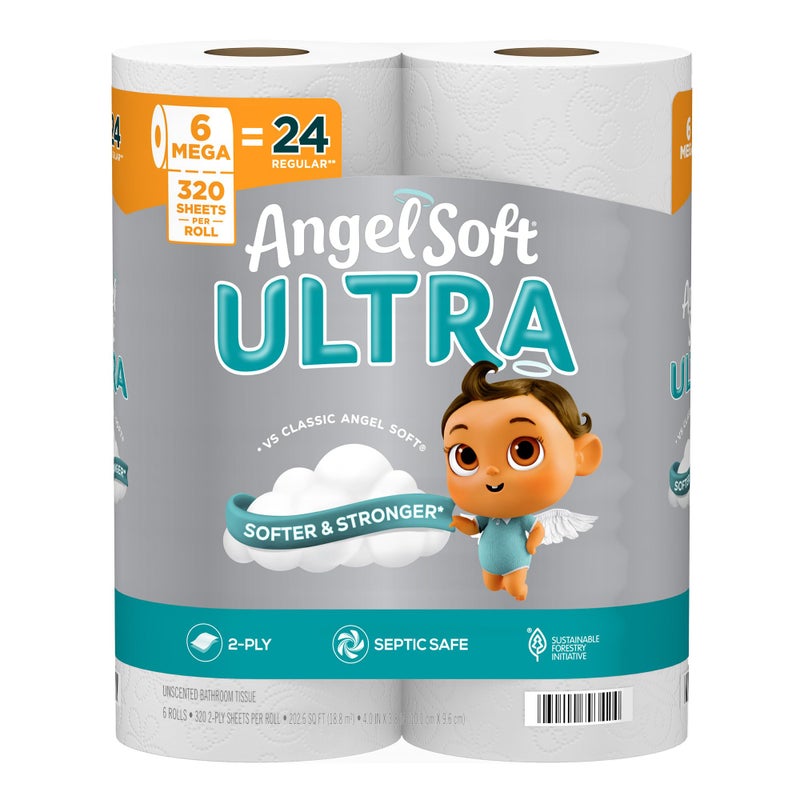 Angel Soft Ultra Toilet Paper, 6 Mega Rolls = 24 Regular Rolls, 2 Ply Toilet Tissue - Image 1
