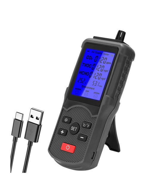 Air Quality Monitor, Accurate Tester for CO2, HCHO, TVOC, Formaldehyde Detector, Temperature and Humidity Meter Sensor, Tester Real Time Air Data Recording for Home, Office, Outdoor