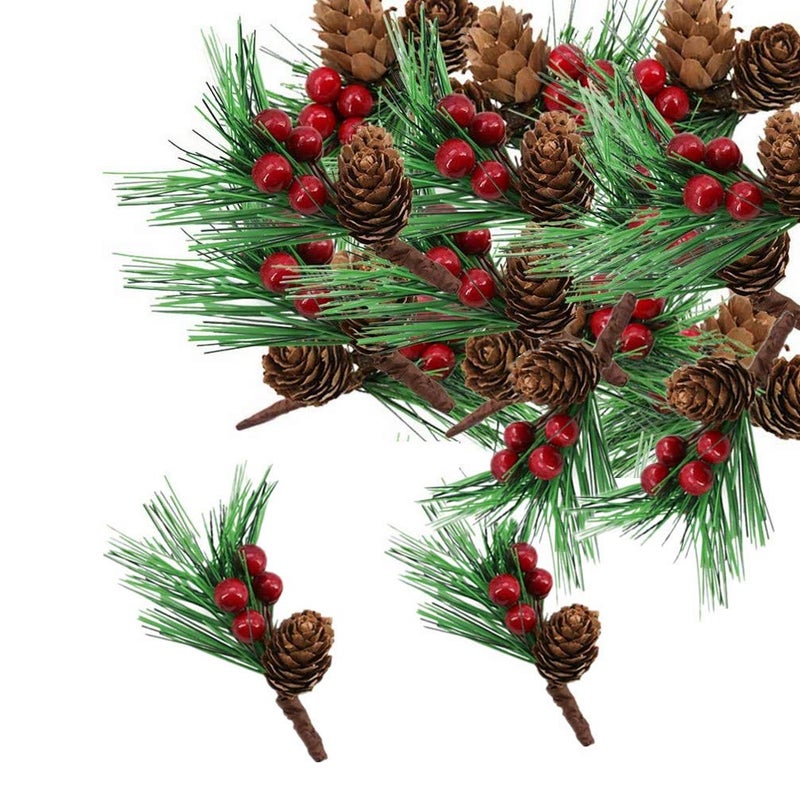 Aisszhao 10 Pcs Artificial Pine Picks Christmas Pine Needles with Red Berries Pines ConesChristmas Artificial Pines Cones Berry Stems Decor Bouquets for CraftGardenXmas Flower Arrangements Wreaths Decor