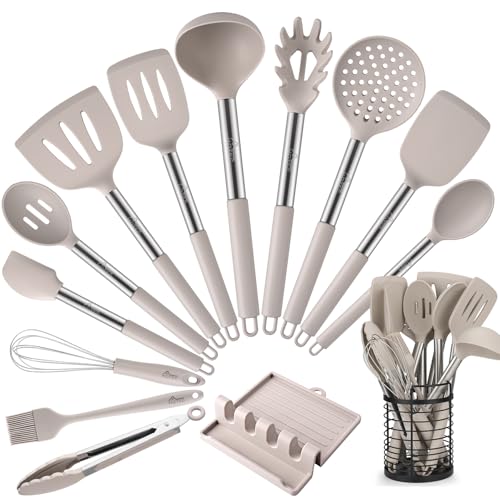 HOTEC 446°F Heat Resistant Silicone Kitchen Utensils, Cooking Utensil Set, Spatula Set, BPA Free, Kitchen Gadgets, With Stainless Steel Utensils Holder, Dishwasher Safe 14pcs Khaki - Image 1