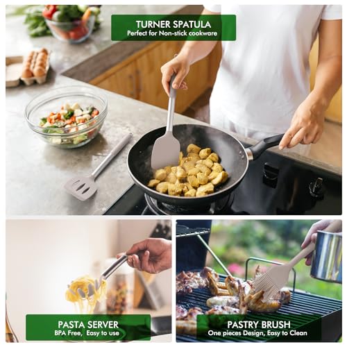 HOTEC 446°F Heat Resistant Silicone Kitchen Utensils, Cooking Utensil Set, Spatula Set, BPA Free, Kitchen Gadgets, With Stainless Steel Utensils Holder, Dishwasher Safe 14pcs Khaki - Image 3