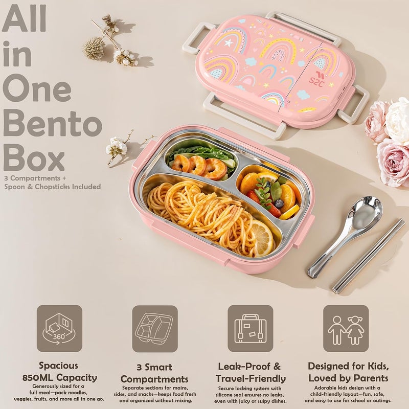 S2C Stainless Steel Kids Lunch Box | Bento-Style Tiffin with Leak-Proof Lid & Insulated Bag | Cute Designs for School & Travel | Large 1600ML Capacity (RAINBOW, 3 COMPARTMENT) - Image 5