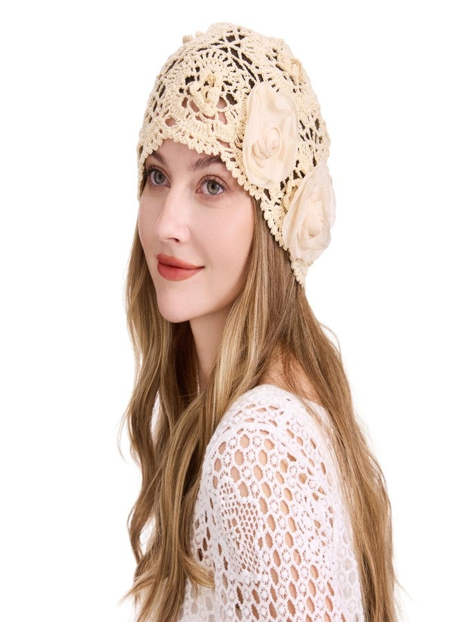 ZLYC Women's Summer Knitted Hats Handmade Crochet Slouch Beanie Hat, Decorative Flowers Beige, One Size - Image 2