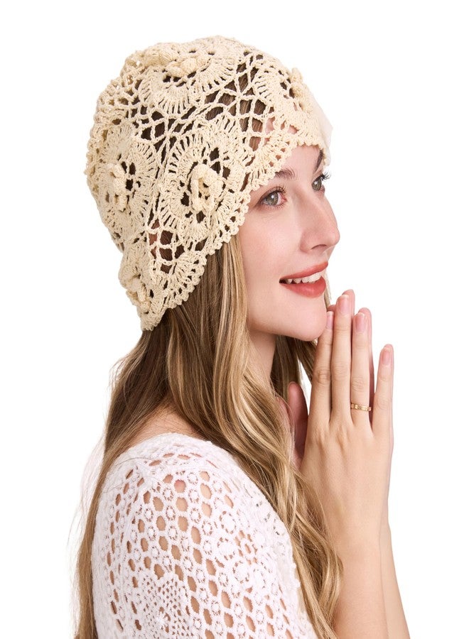 ZLYC Women's Summer Knitted Hats Handmade Crochet Slouch Beanie Hat, Decorative Flowers Beige, One Size - Image 3