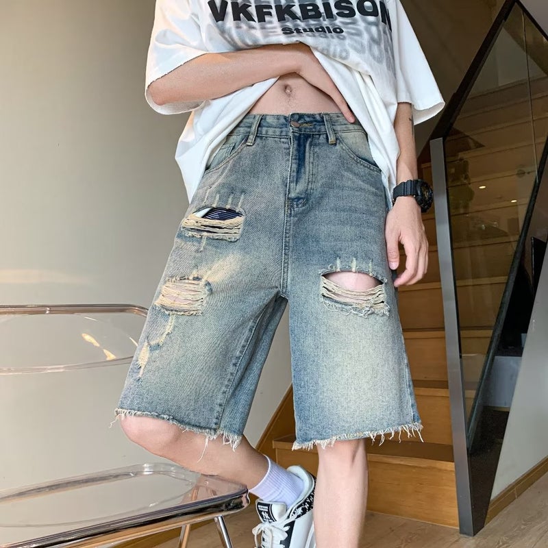 Rashed Denim Shorts Mens Summer Retro Washed Old Design Niche American Pants Figure Color 
