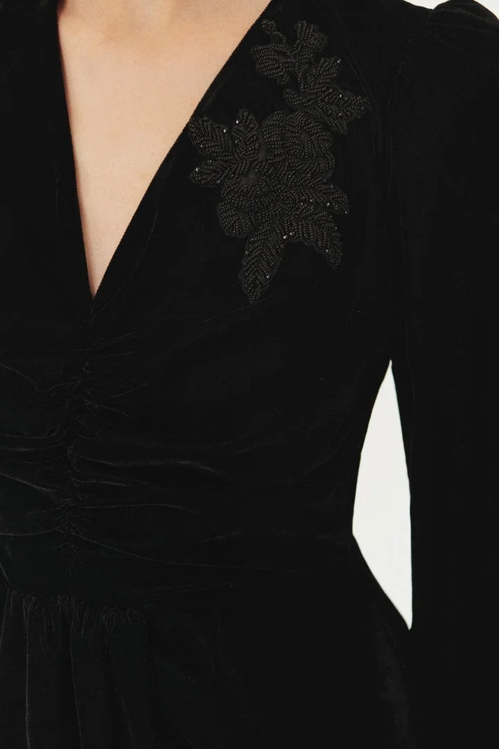 EXQUISE Black Maxi Dress with Embroidered Neckline and Lycra Fabric
