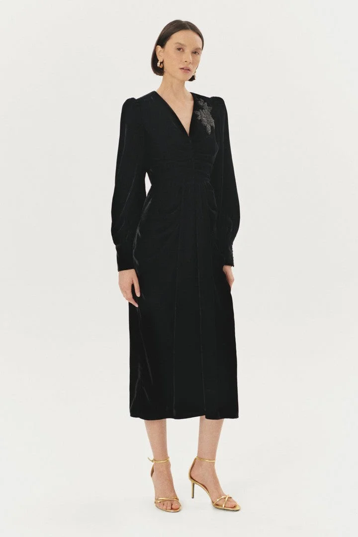 EXQUISE Black Maxi Dress with Embroidered Neckline and Lycra Fabric