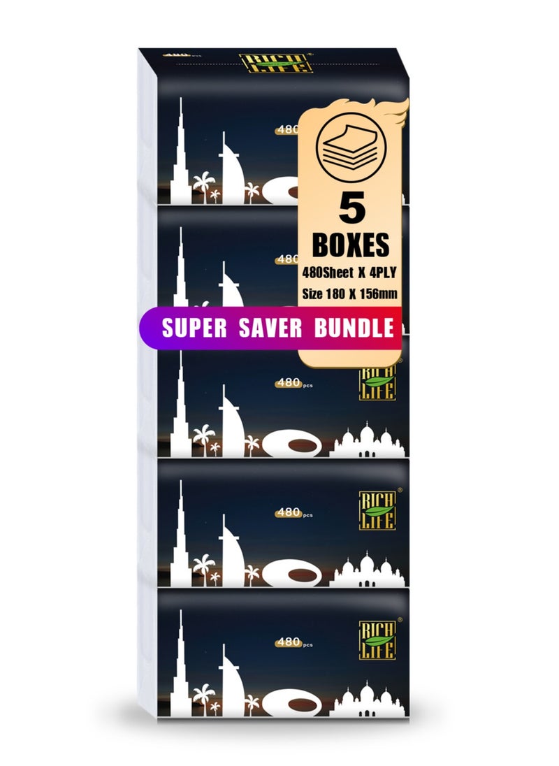 Rich Life Facial Tissue - Premium Quality 4-Ply - 480 Sheets | 5 Value Packs | Soft, Durable & Moisture Proof | 100% Raw Wood Pulp - Ideal for Wet & Dry | Available in 5 to 100 Packs  - Image 1