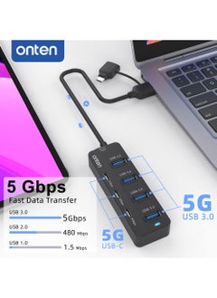 onten USB C Hub,7 Ports USB3.0 to USB-C HUB with a USB C to USB 3.0 Adapter. 3.2ft Cable 4*USB3.0 Ports,3*USB C Ports forThunderbolt 3/4 MacBook Surface Pro and More USB/USB C Devices  - Image 2