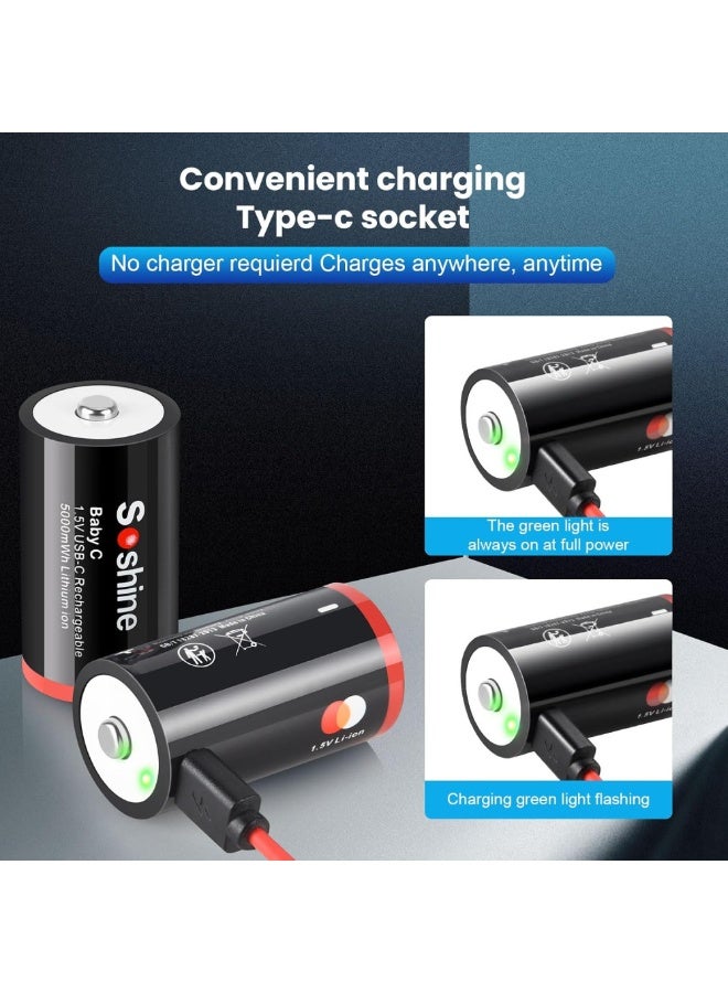 Soshine Rechargeable C Batteries, 1.5V Lithium LR14, 5000mWh, with USB-C Charging Cable (4-Pack) - Image 5