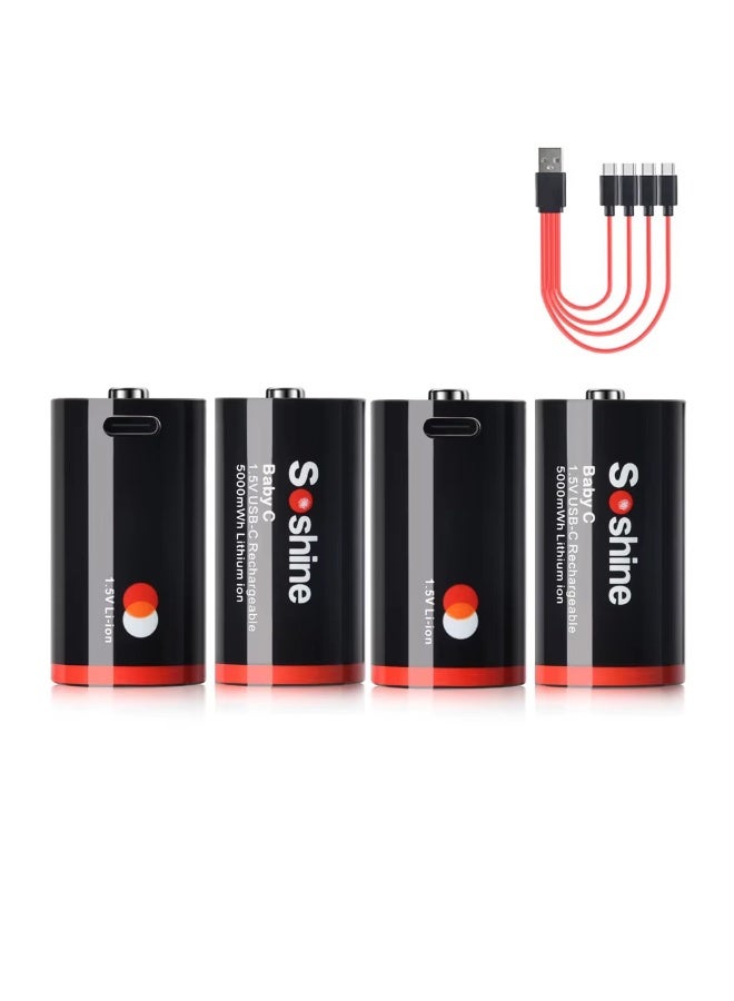 Soshine Rechargeable C Batteries, 1.5V Lithium LR14, 5000mWh, with USB-C Charging Cable (4-Pack) - Image 1