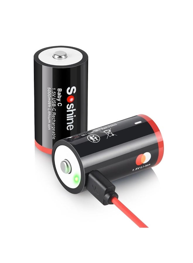 Soshine Rechargeable C Batteries, 1.5V Lithium LR14, 5000mWh, with USB-C Charging Cable (4-Pack) - Image 2