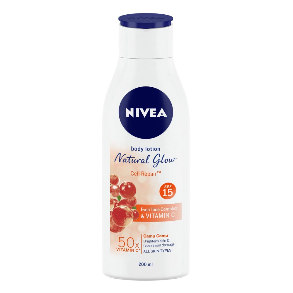 NIVEA Natural Glow Cell Repair 200ml Body Lotion SPF 15 50 X Vitamin C for Summer Protection With Camu Camu Acerola Cherry Extracts Gives Even Toned Smooth Skin For All Skin Types