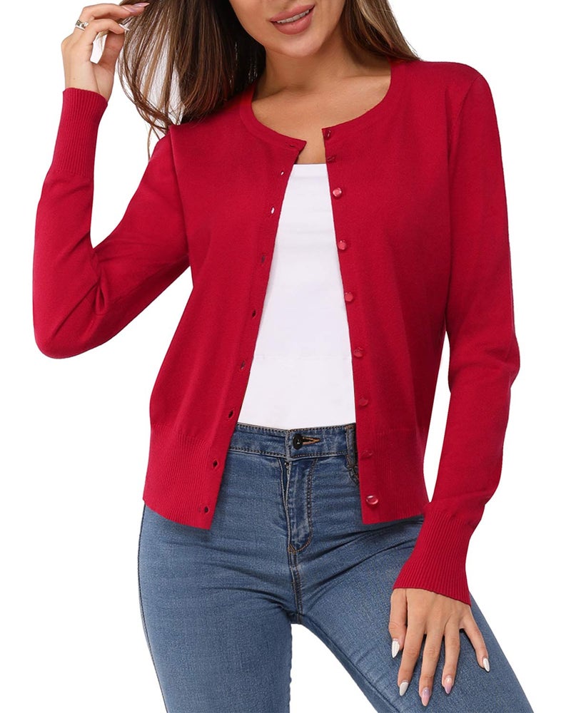 Newshows Women's 2025 Business Cardigan Lightweight Button Down Long Sleeve Casual Crew Neck Soft Knit Fall Cardigan Sweater Tops(Purplish Red,Large) - Image 1