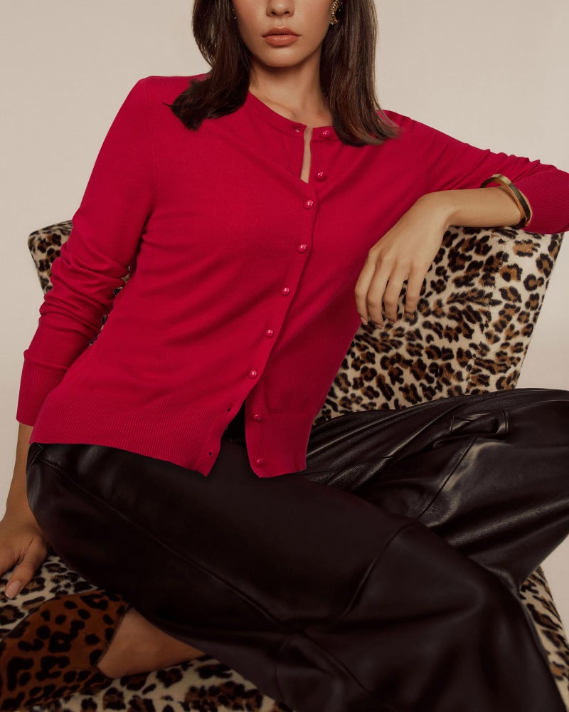 Newshows Women's 2025 Business Cardigan Lightweight Button Down Long Sleeve Casual Crew Neck Soft Knit Fall Cardigan Sweater Tops(Purplish Red,Large) - Image 2