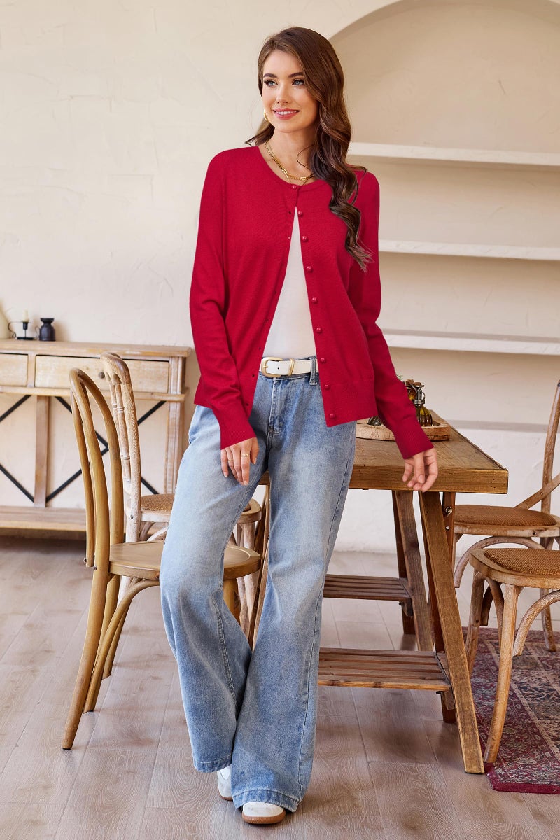 Newshows Women's 2025 Business Cardigan Lightweight Button Down Long Sleeve Casual Crew Neck Soft Knit Fall Cardigan Sweater Tops(Purplish Red,Large) - Image 5