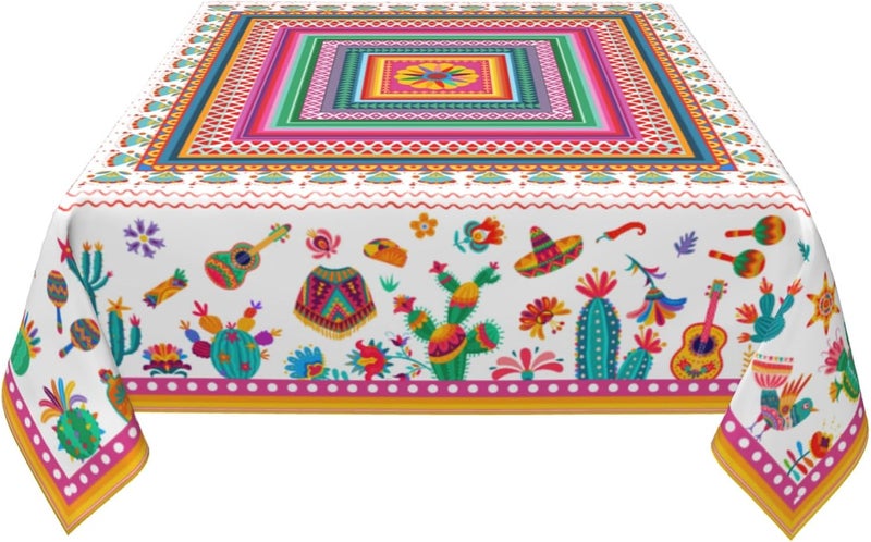 Granbey Colorful Mexico Square Table Cloth  Mexican Floral Tablecloth Cactus Stripes Lines Native Art Table Cover for Kitchen Party Picnic Dining Decor - Image 3