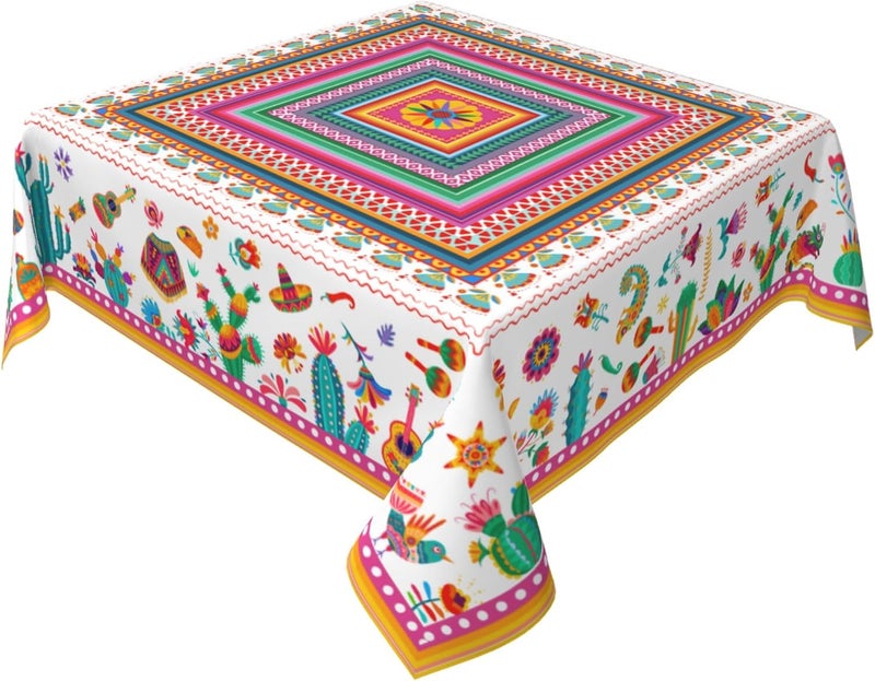 Granbey Colorful Mexico Square Table Cloth  Mexican Floral Tablecloth Cactus Stripes Lines Native Art Table Cover for Kitchen Party Picnic Dining Decor - Image 1