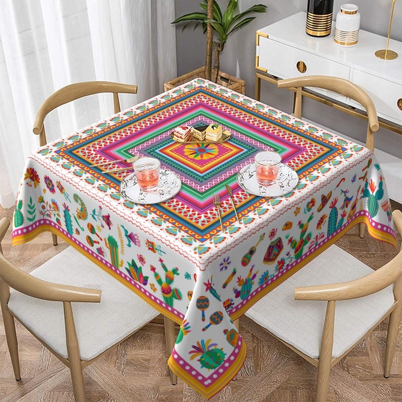 Granbey Colorful Mexico Square Table Cloth  Mexican Floral Tablecloth Cactus Stripes Lines Native Art Table Cover for Kitchen Party Picnic Dining Decor - Image 2