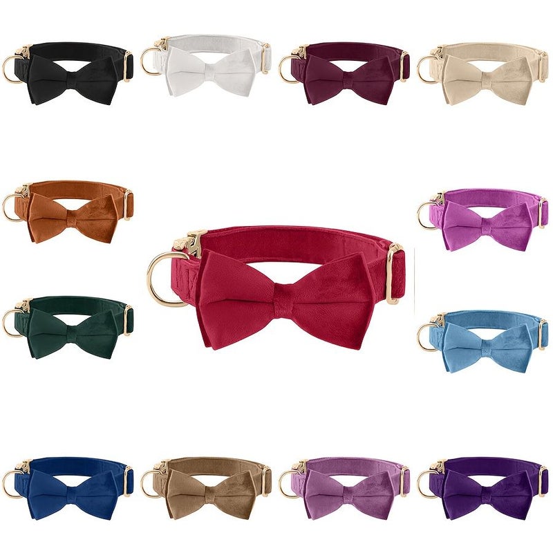Burgundy Velvet Dog Collar Bowtie Adjustable Metal Buckle Durable Cute Puppy Gift For Small Medium Large Dogs - Image 1