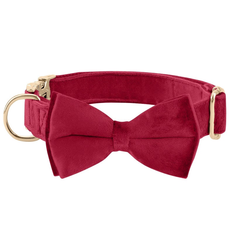 Burgundy Velvet Dog Collar Bowtie Adjustable Metal Buckle Durable Cute Puppy Gift For Small Medium Large Dogs - Image 5