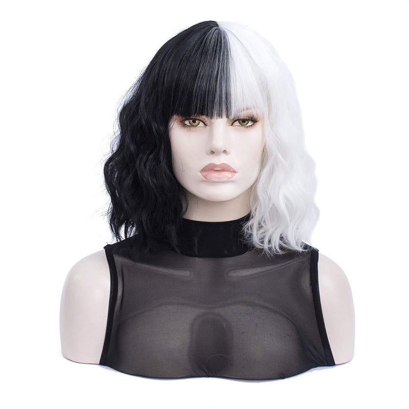 MORTICIA White and Black Wig Short Curly Women Bob Wig Full Bang Wavy Texure Heat Resistant Synthetic Short Women Wig White and Black
