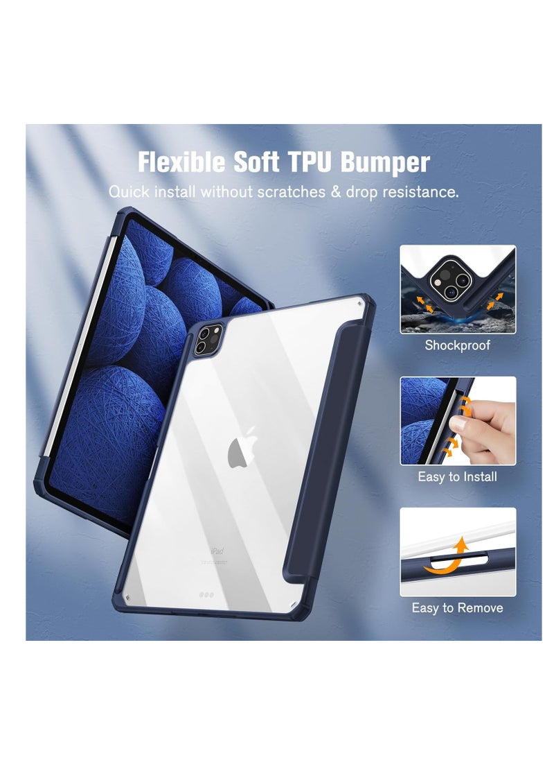 EVO Hybrid Slim Case for iPad Pro 11-inch M4 (2024), Trifold Standing Shockproof Protective Cover with Clear Transparent Back Shell Built-in Pencil Holder for iPad Pro 11" 2024,Navy Blue  - Image 2