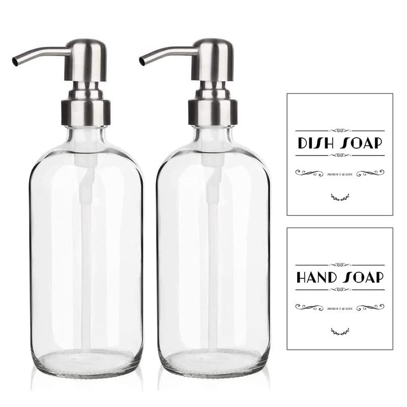 ARKTEK Refillable Soap Dispenser 2 Units  17 Oz Clear Glass Bottle with Rust Proof Pump for Hand and Dish Soap Kitchen Bathroom Countertop