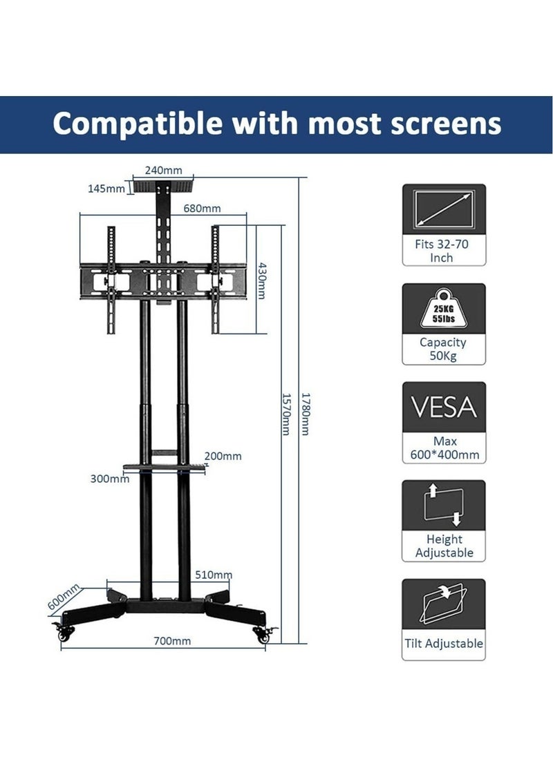 ELTRAZONE Mobile TV Stand Rolling TV Cart,Floor TV Stand Trolley for 32” to 70” LCD LED Flat Curved Screen Tilt Height Adjustable TV Stand Mounted with Wheels 2 Media Shelves Cable Management  - Image 4